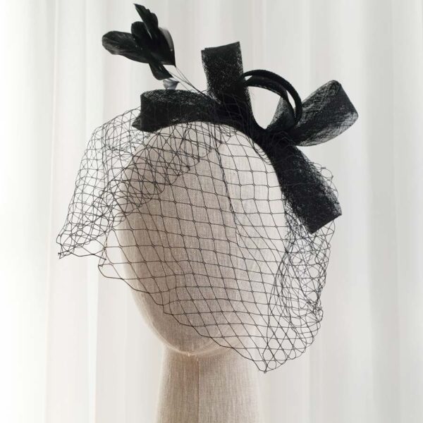 Black sinamay fascinator with delicate black feathers